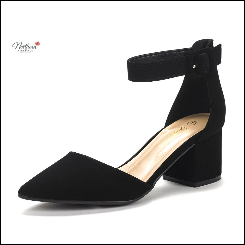 Women's Chunky Block Heel Ankle Strap Pumps, Pointed Toe Dress Shoes